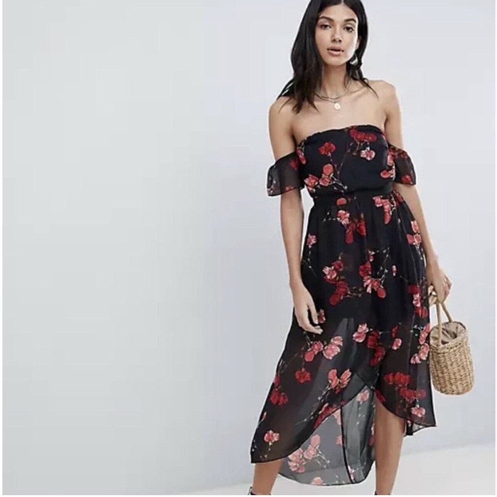 Parisian Off Shoulder Floral Dress 6 High Low Hem Sheer Party Sexy Party NEW